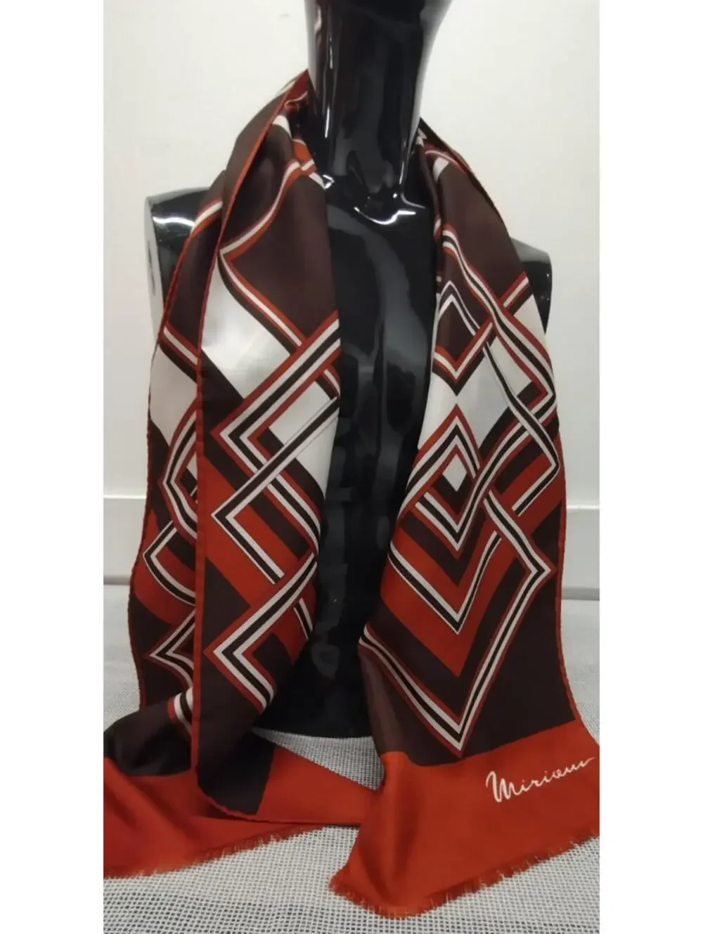 Vintage 70s Miriceu Eureopean Abstract Long Scarf Terra Brown Geometric Diamonds